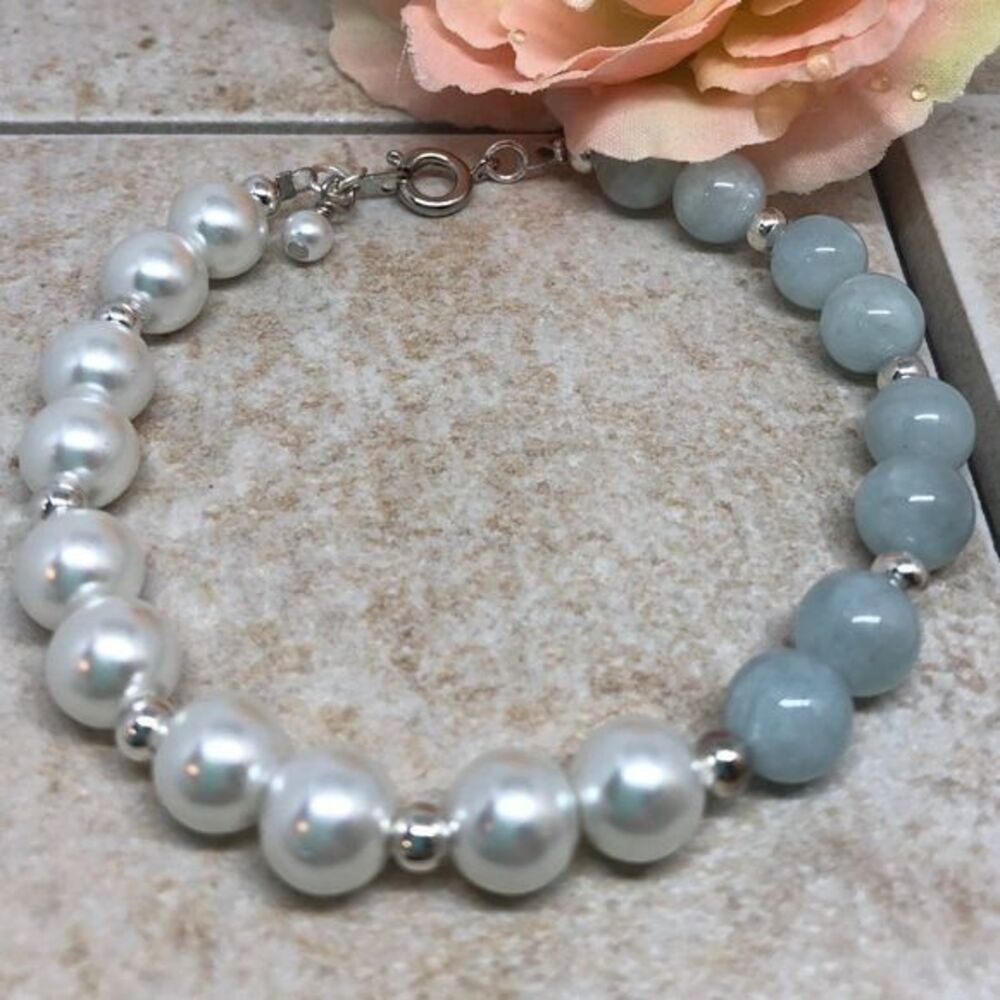 Aquamarine and Pearl Silver Bracelet
